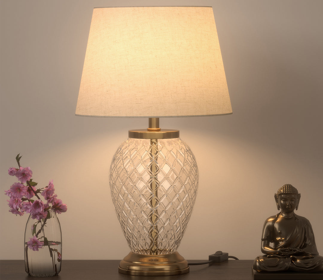 Brass Table Lamp with Diamond Cut Glass & White Shade