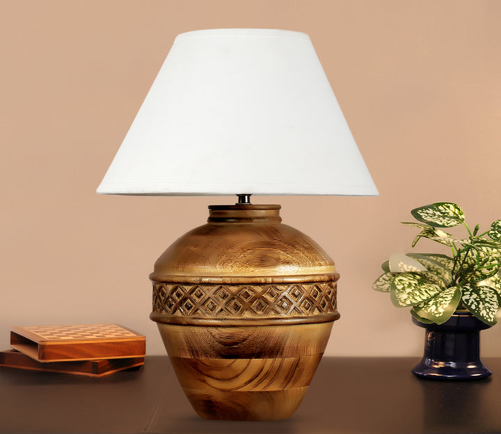 Wood Table Lamp with White Cotton Shade