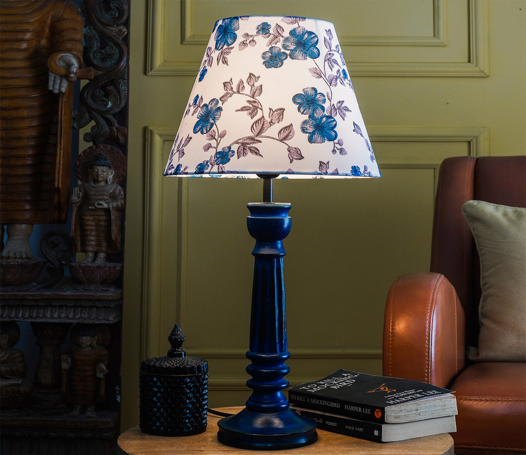 Blue Floral Vintage Wood Table Lamp with Shade