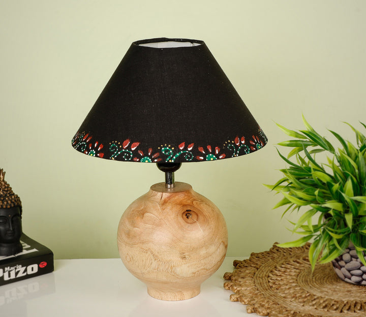 Hand-Carved Sheesham Wood Table Lamp with Minimalist Base & Bordered Black Shade (Medium)