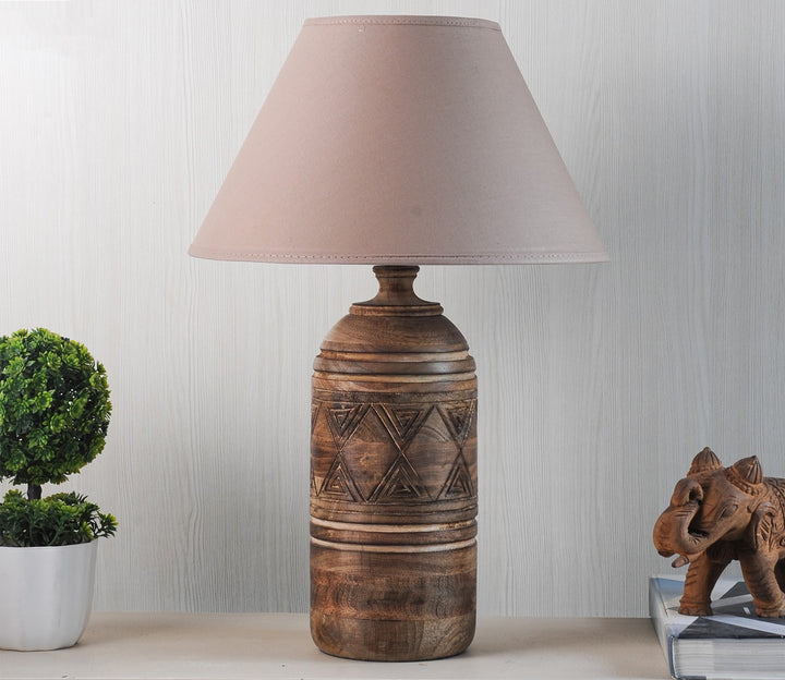 Natural Wood Table Lamp with Beige Cotton Shade