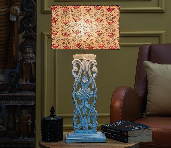 Floral Beige Shade Wooden Carved Table Lamp