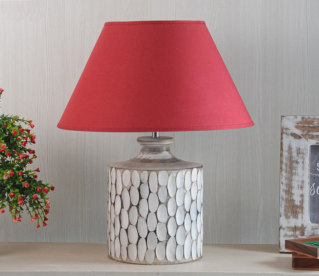 Maroon Shade Carved Wood Table Lamp