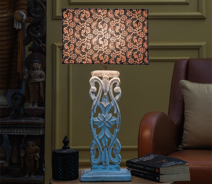 Black Carved Wooden Table Lamp with Fabric Shade (43.2 cm H)