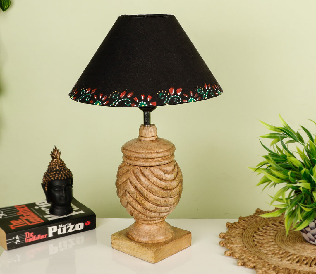 Hand-Carved Sheesham Wood Table Lamp with Ring Detail & Bordered Black Shade (Medium)