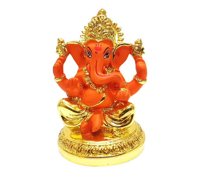 Captivating Mini Ganesha Idol in Gold and Orange with Mukut and Base