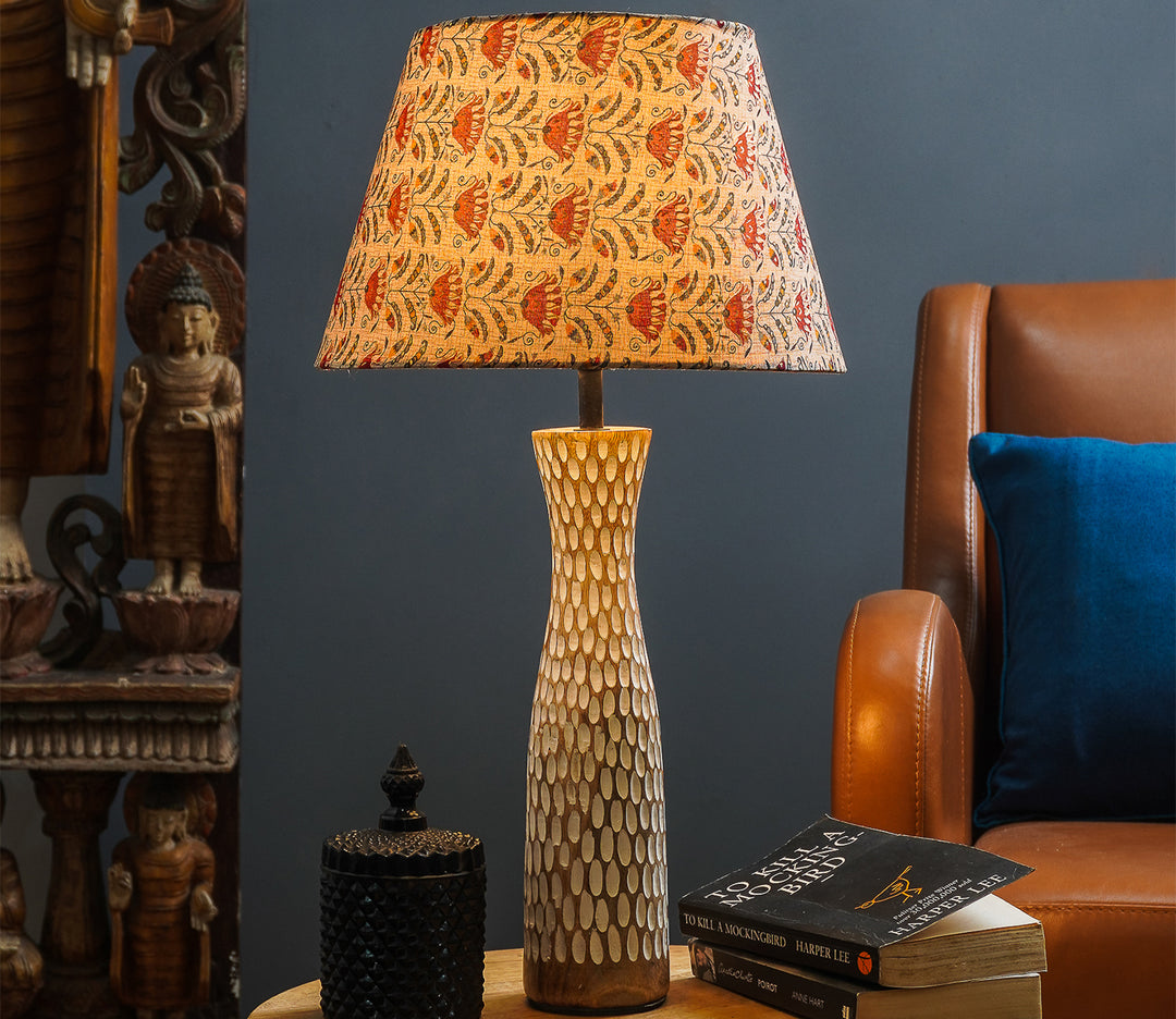 Red Floral Textured Wood Table Lamp