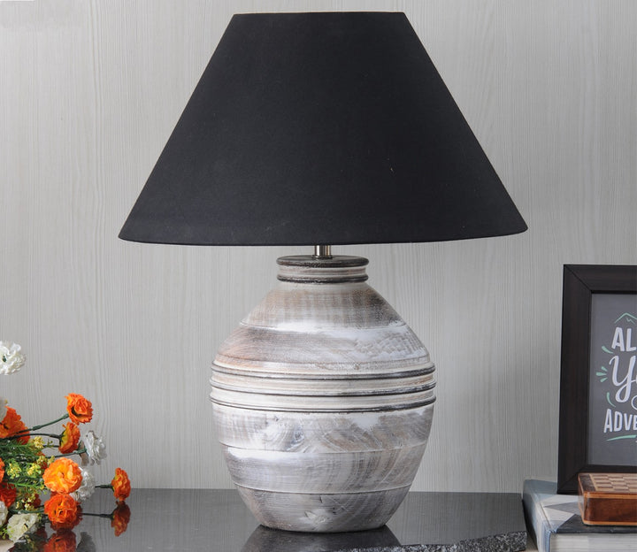 Black Carved Wood Table Lamp with Cotton Shade (Medium)