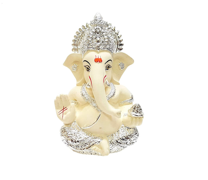 Captivating Silver-Plated White Sitting Ganesha Idol