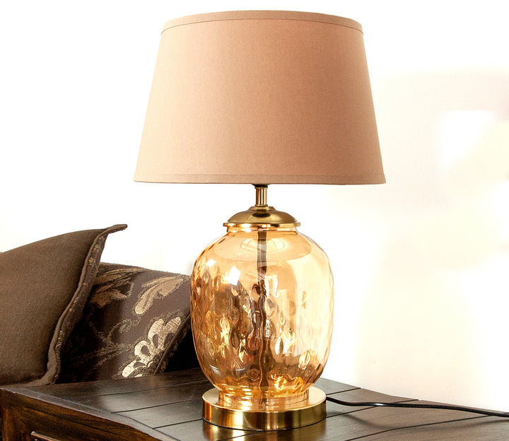 Glass Table Lamp with Beige Fabric Shade