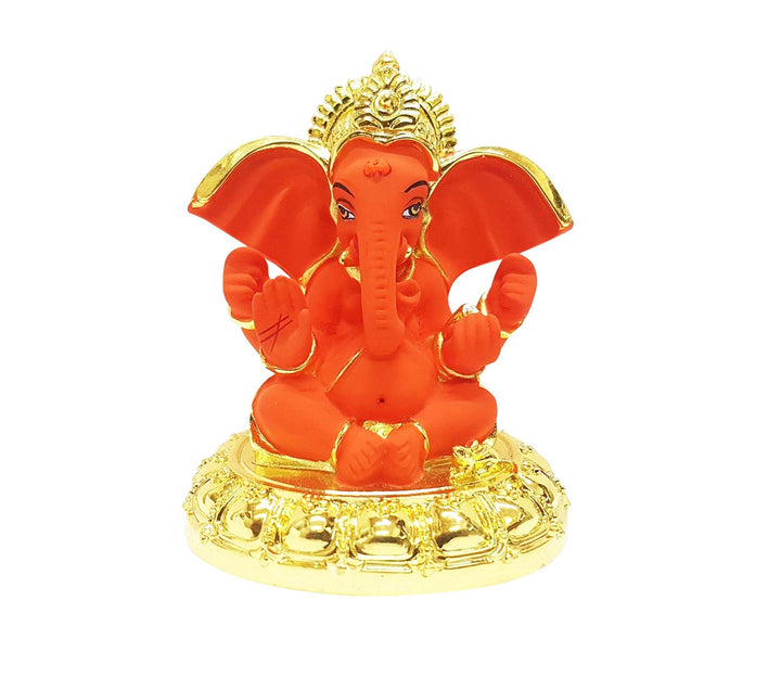 Captivating Mini Ganesha Idol in Orange and Gold with Four Hands