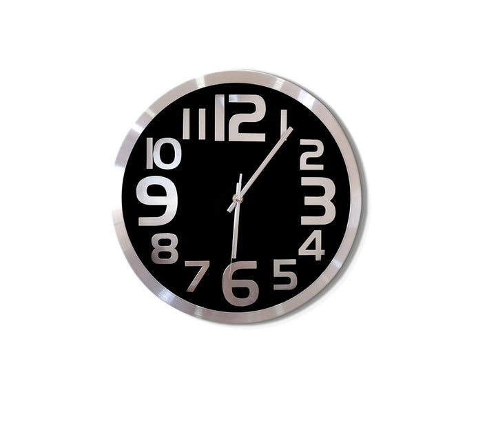 Modern Black Metal Wall Clock with Large Silver Font