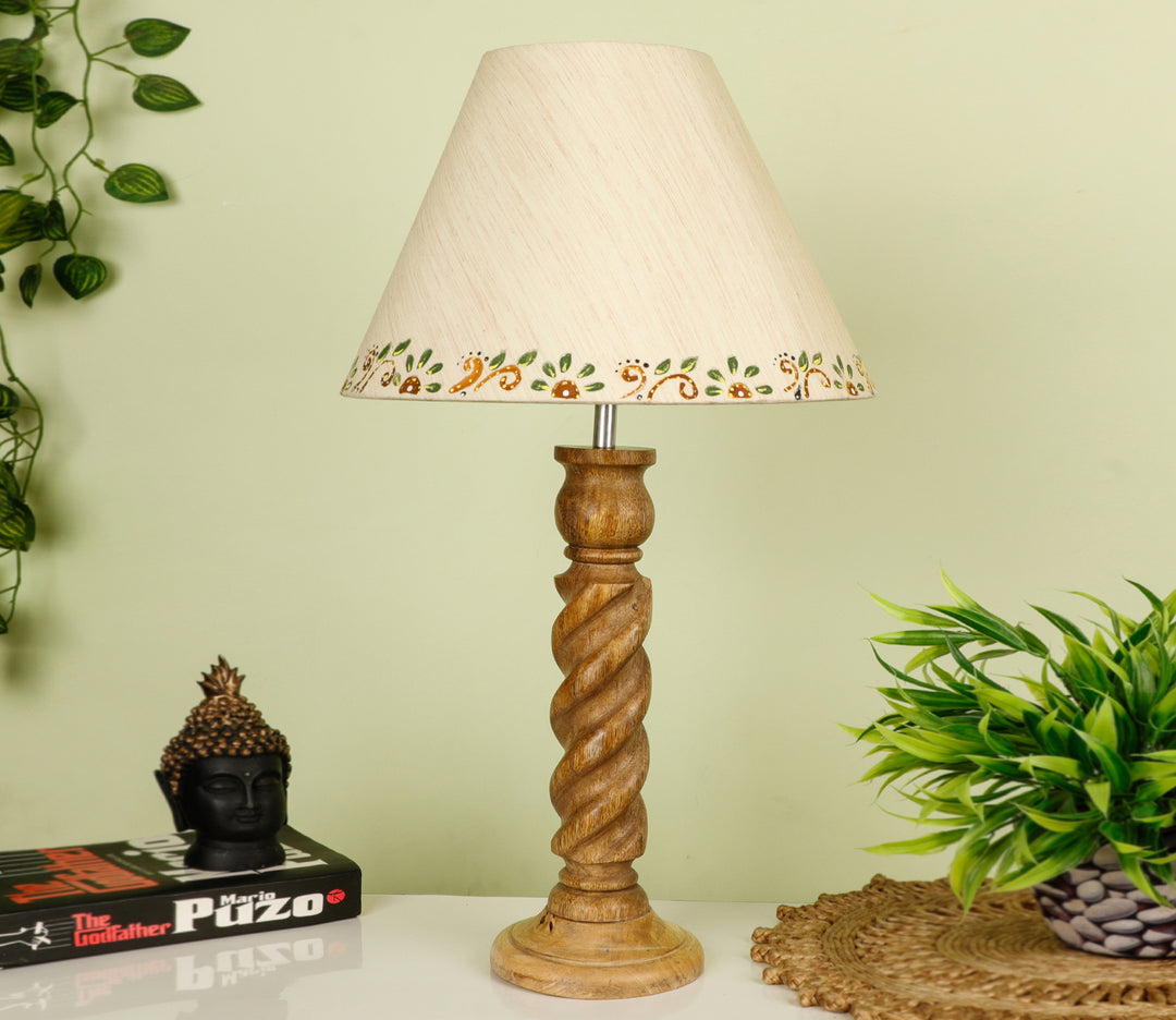 Hand-Carved Sheesham Wood Table Lamp with Textured Rope Base & Bordered Beige Shade (Large)