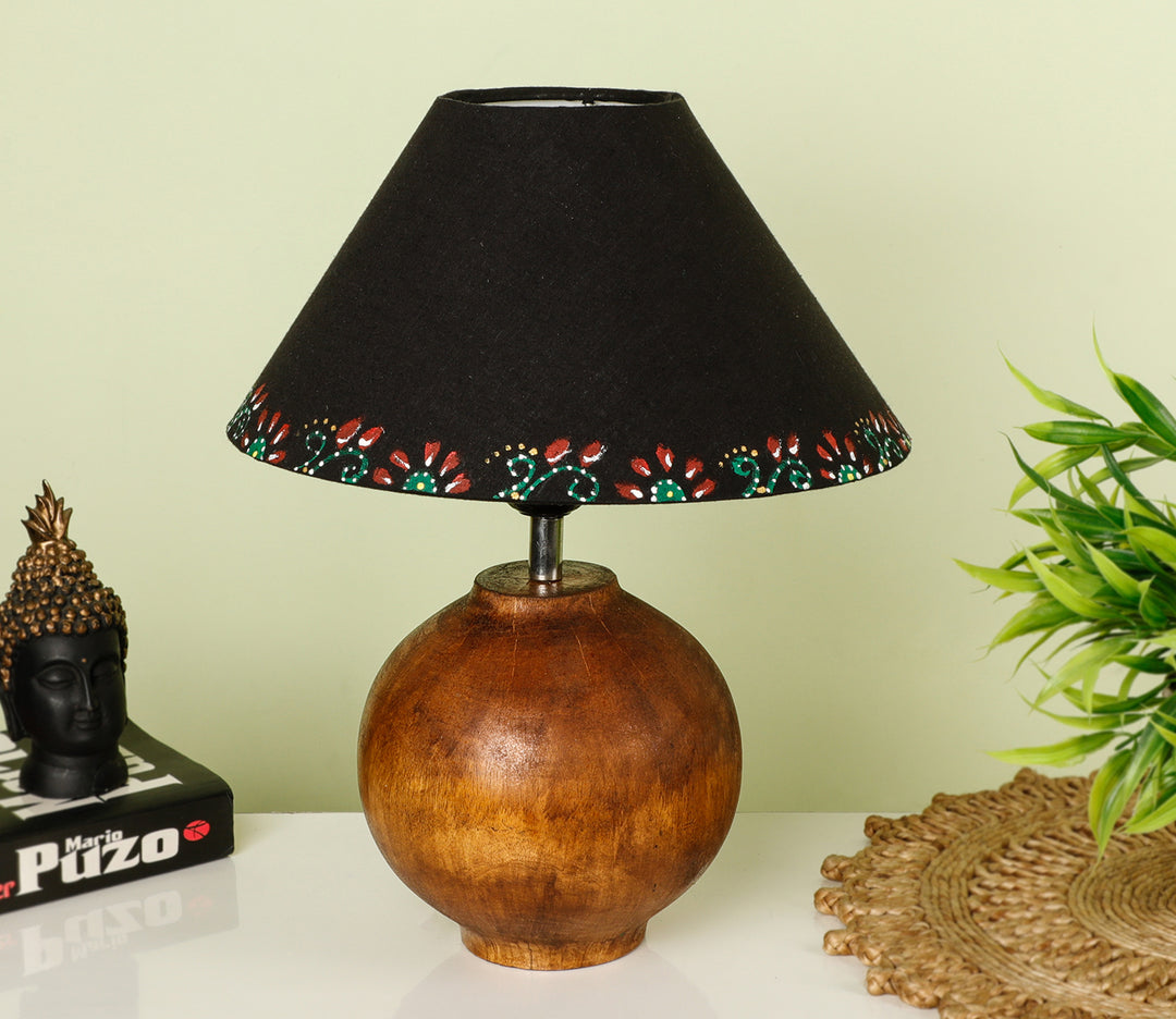 Hand-Carved Coffee Wood Table Lamp with Classic Base & Bordered Black Shade (Medium)