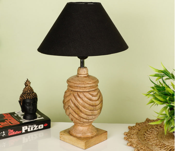 Hand-Carved Sheesham Wood Table Lamp with Ring Detail & Black Shade (Medium)