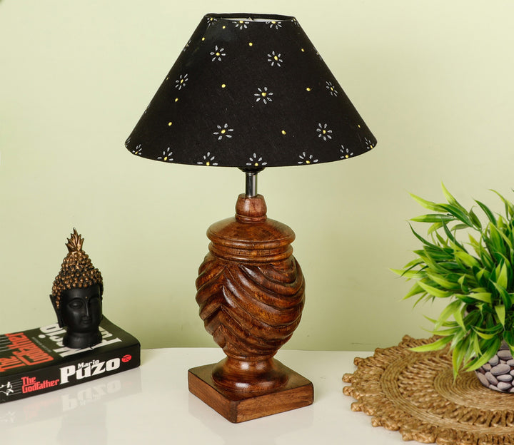 Hand-Carved Wood Table Lamp with Rings, Black Shade & Floral Art (Medium)