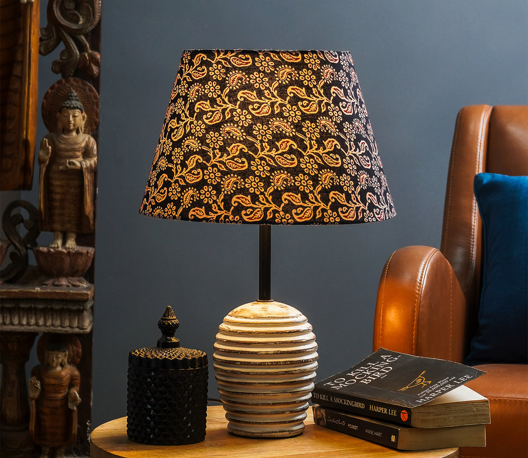 White Distressed Table Lamp with Patterned Base (34.3 cm H)