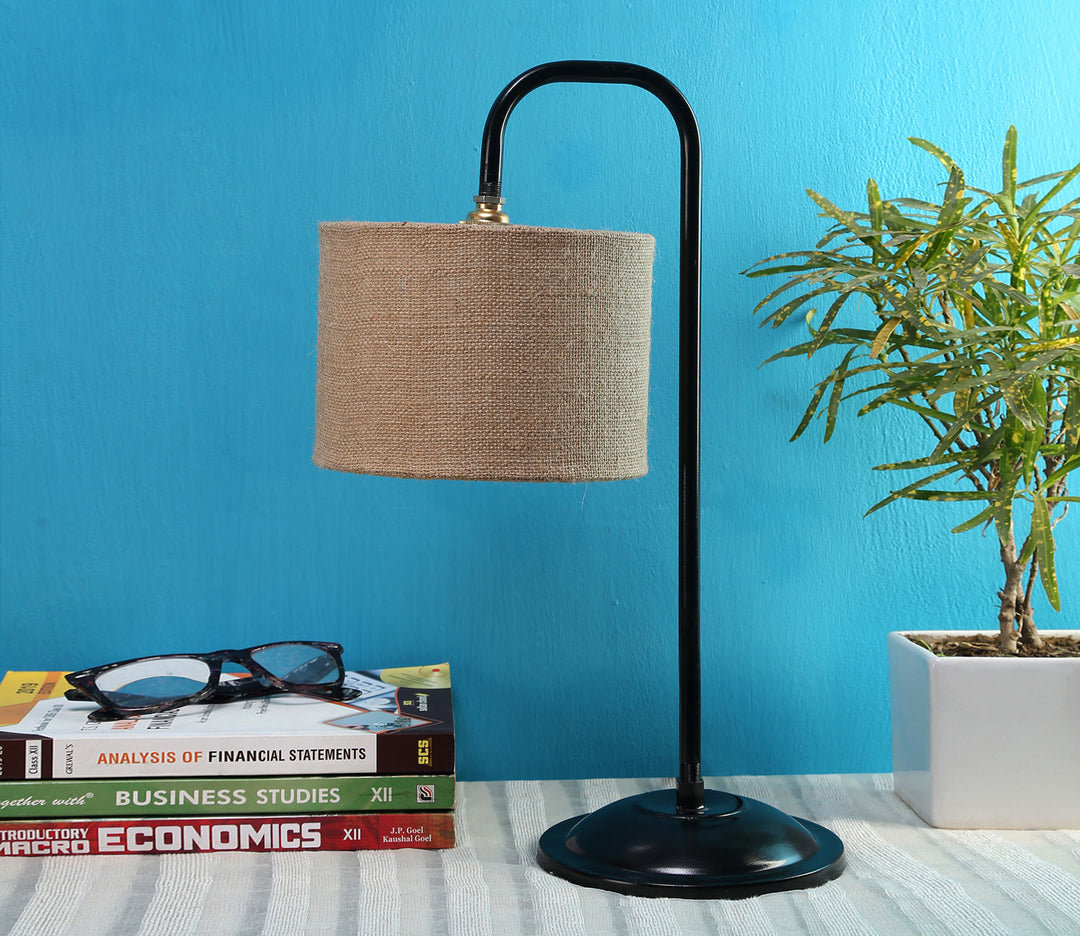 Beige Fabric Table Lamp with Black Metal Base