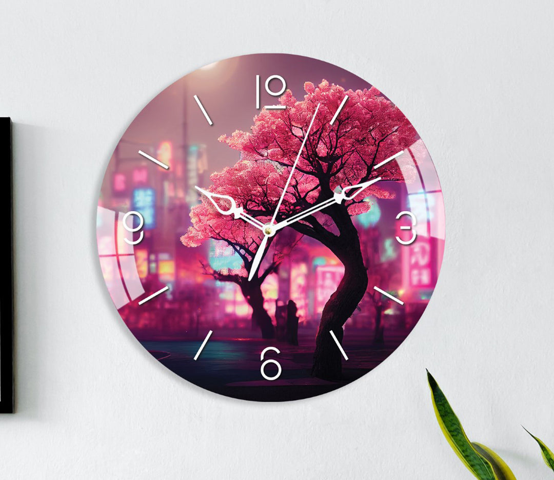 Enchanting Pink Trumpet Tree Printed Acrylic Wall Clock