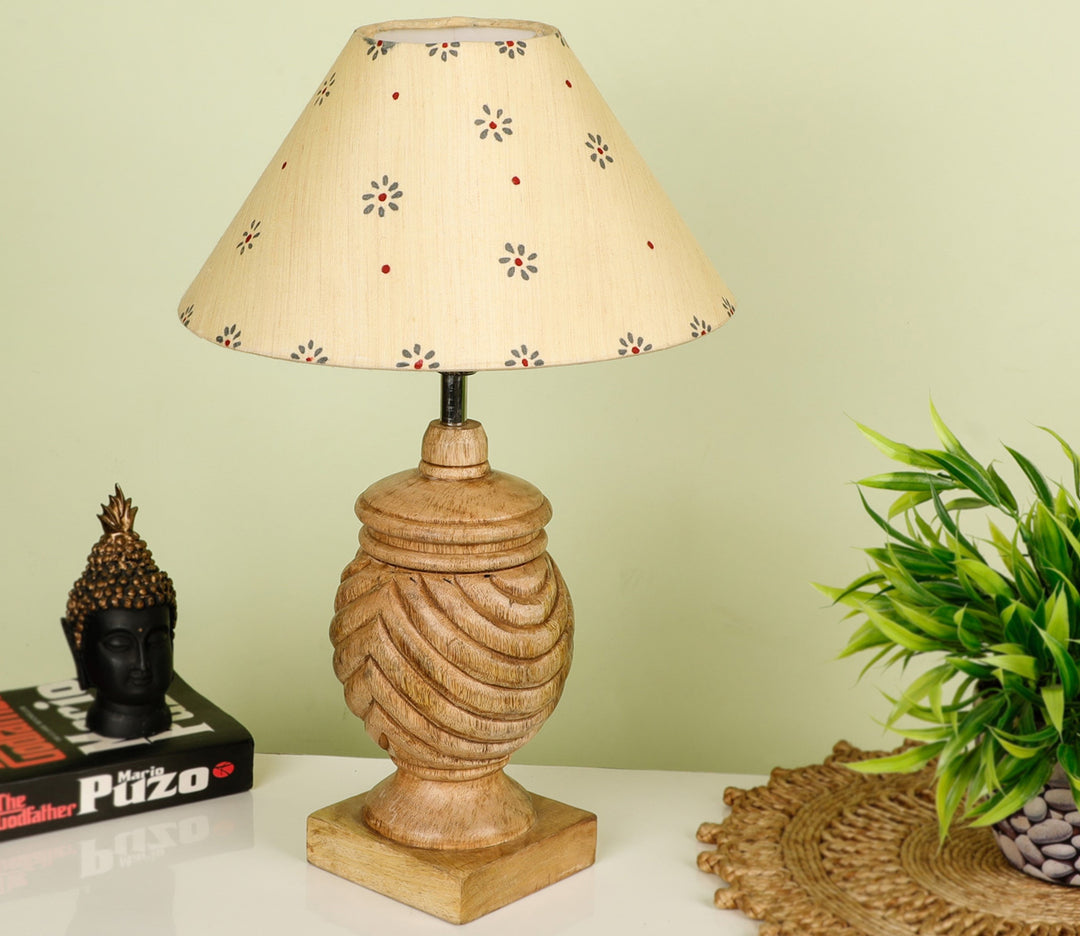Hand-Carved Sheesham Wood Table Lamp with Ring Detail & Floral Beige Shade (Medium)