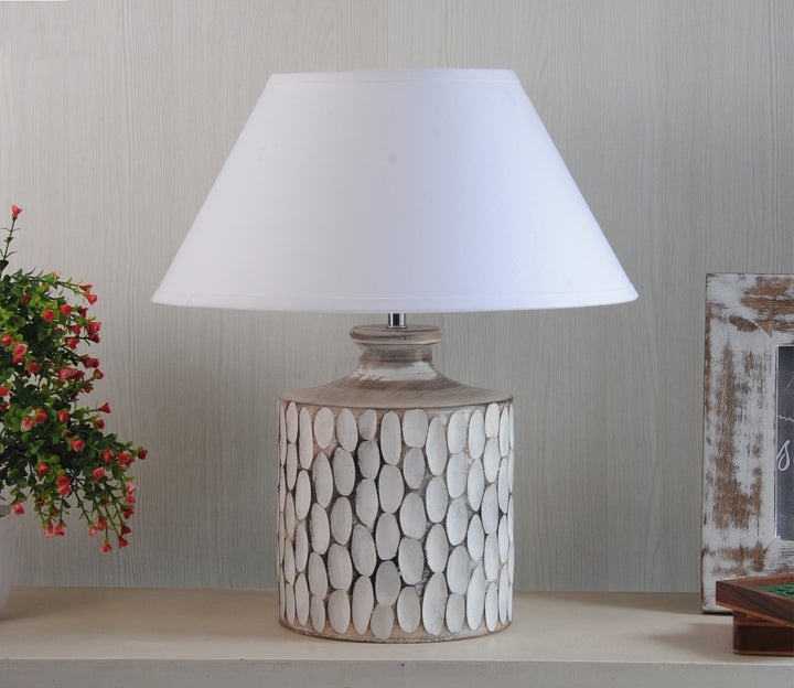 White Shade Carved Wood Table Lamp