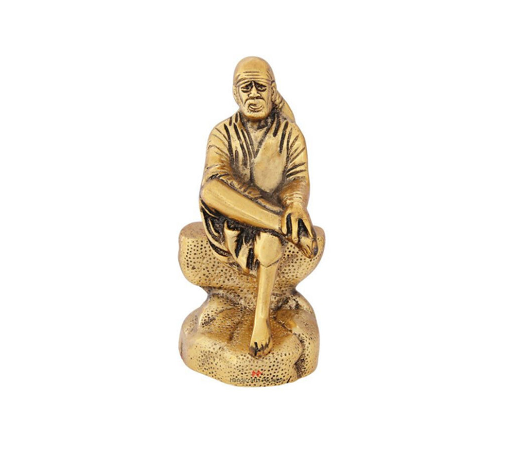Antique Gold Sai Baba Figurine | Antique Metal Gold Plated Sai Baba Sitting on Rock