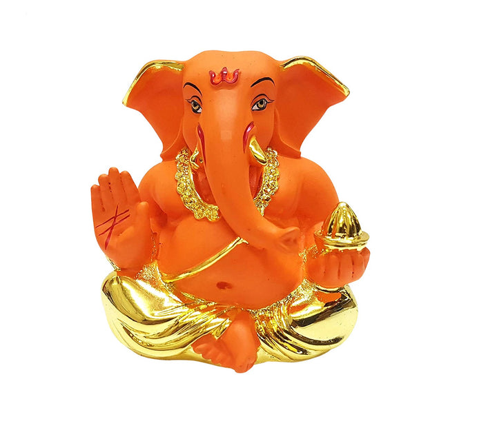 Serene Sitting Ganesha Idol in Orange and Gold
