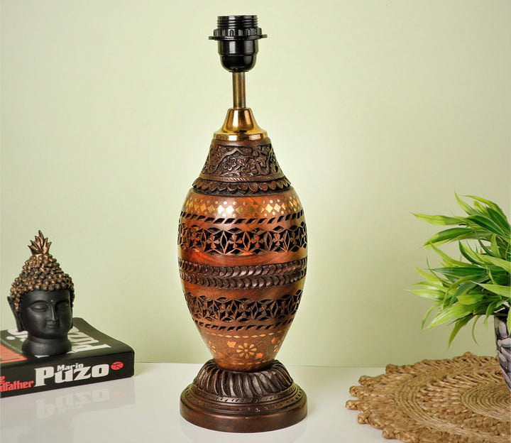 Hand-Carved Sheesham Wood Table Lamp with Intricate Kashmiri Design & Beige Shade (Large)