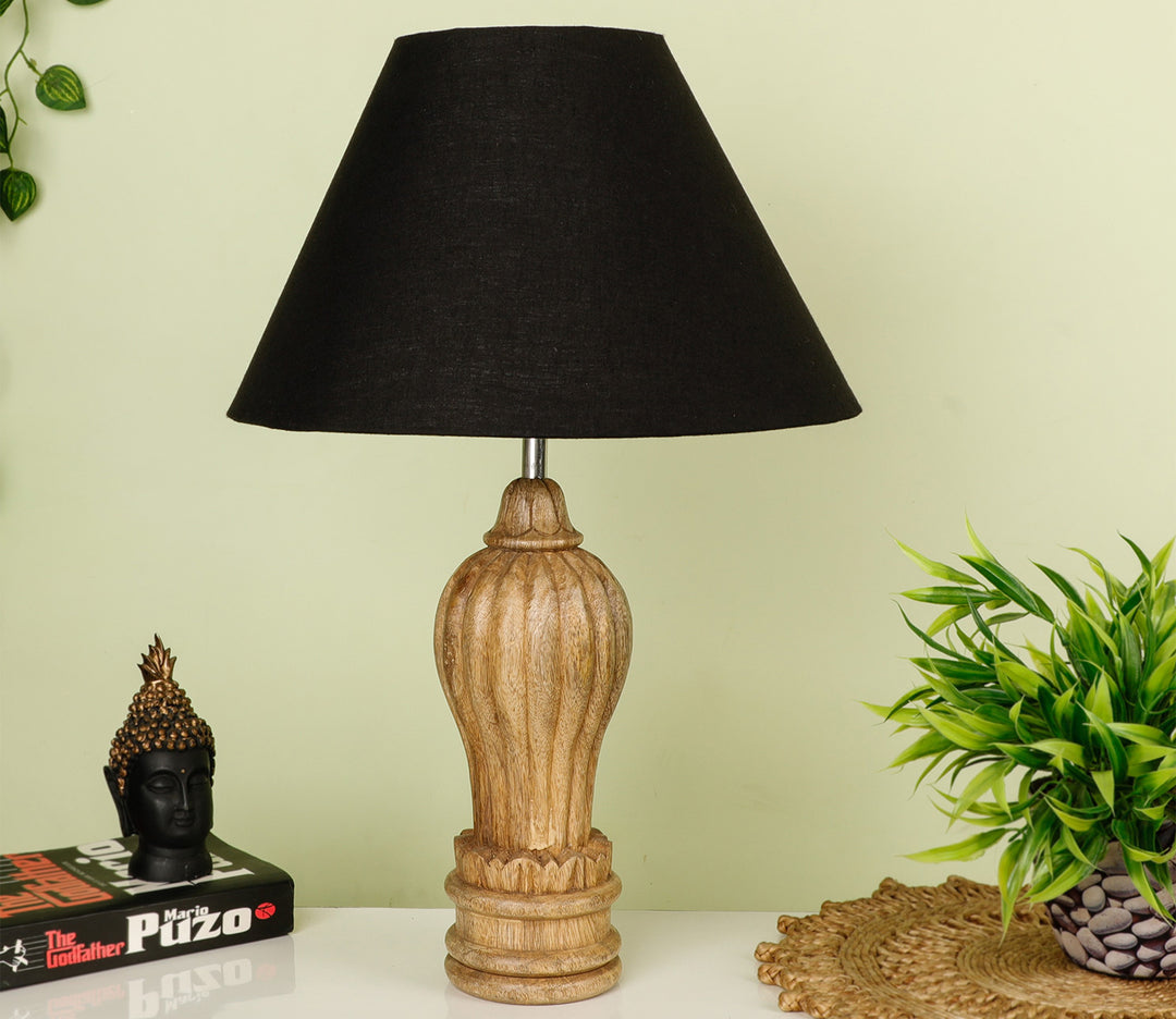 Hand-Carved Sheesham Wood Table Lamp with Sculptural Base & Black Shade (Large)