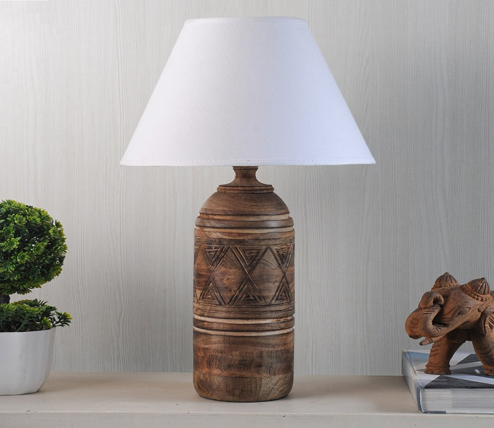 Natural Wood Table Lamp with White Cotton Shade