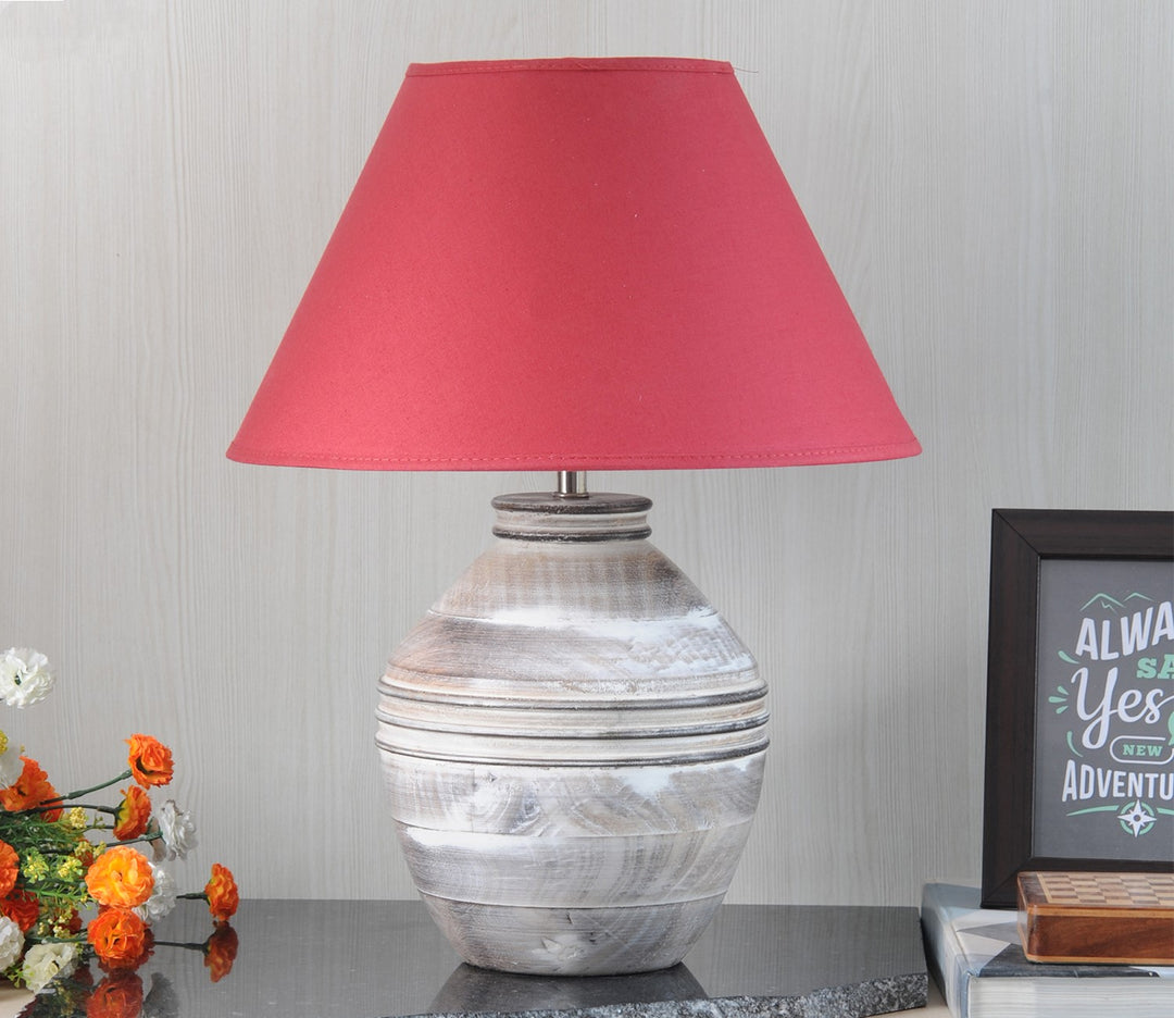 Maroon Carved Wood Table Lamp with Cotton Shade (Medium)