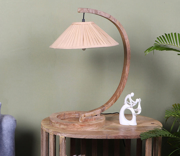 C-Shaped Wood and Fabric Table Lamp