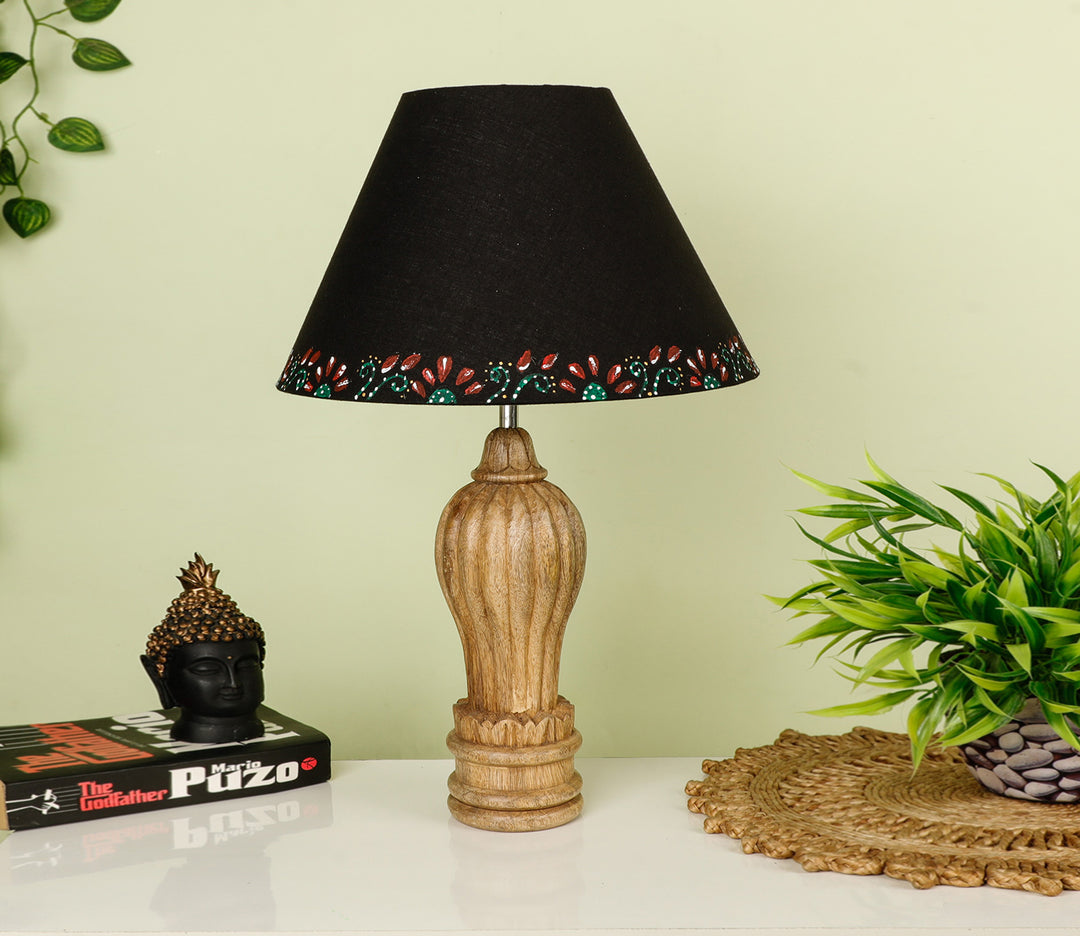 Hand-Carved Sheesham Wood Table Lamp with Sculptural Base & Bordered Black Shade (Large)