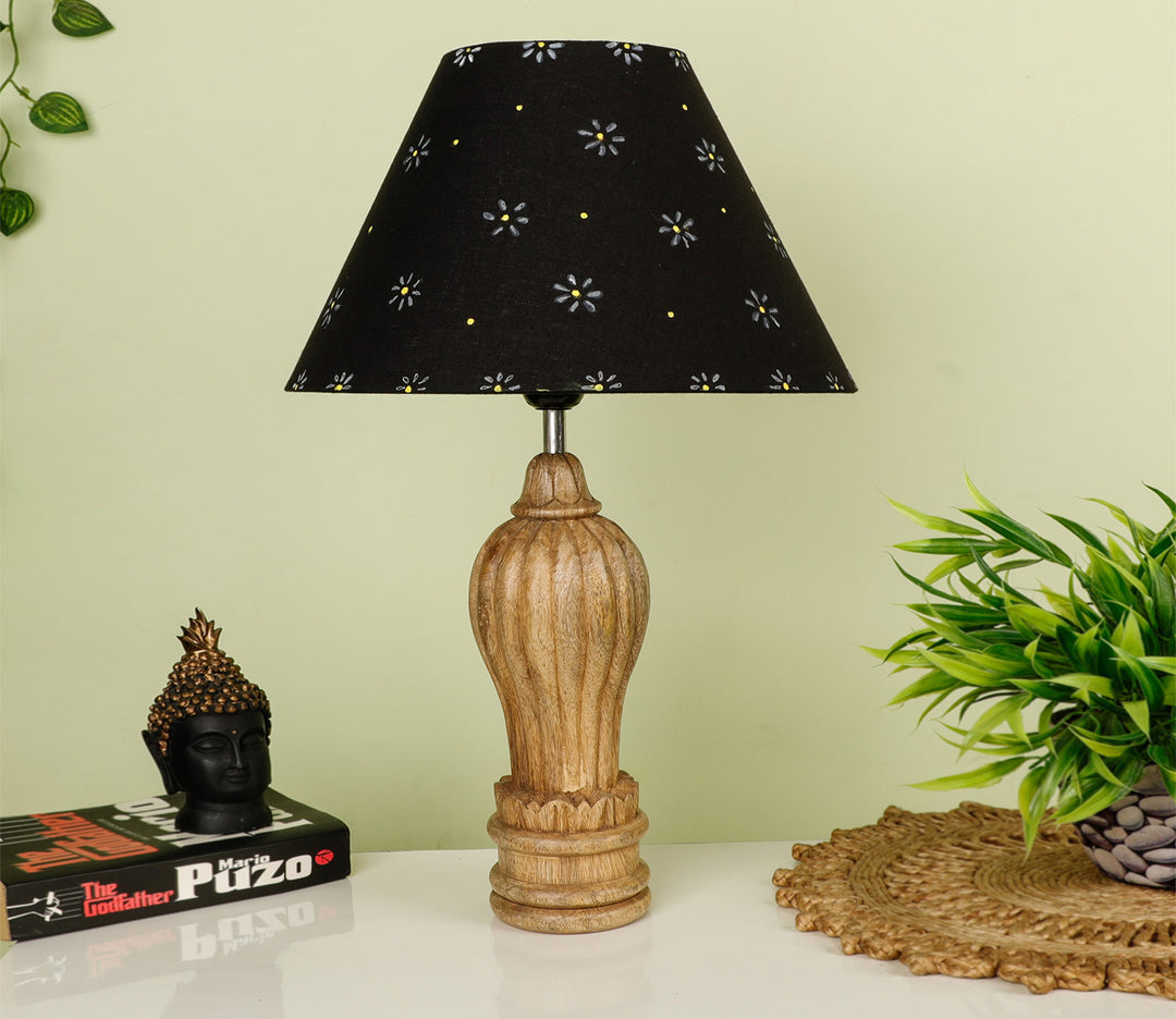 Hand-Carved Sheesham Wood Table Lamp with Sculptural Base & Floral Black Shade (Large)