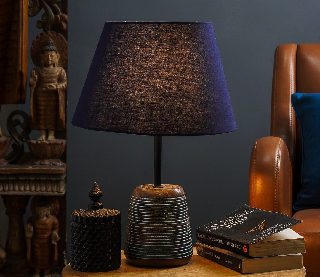 Blue Ribbed Wood Table Lamp