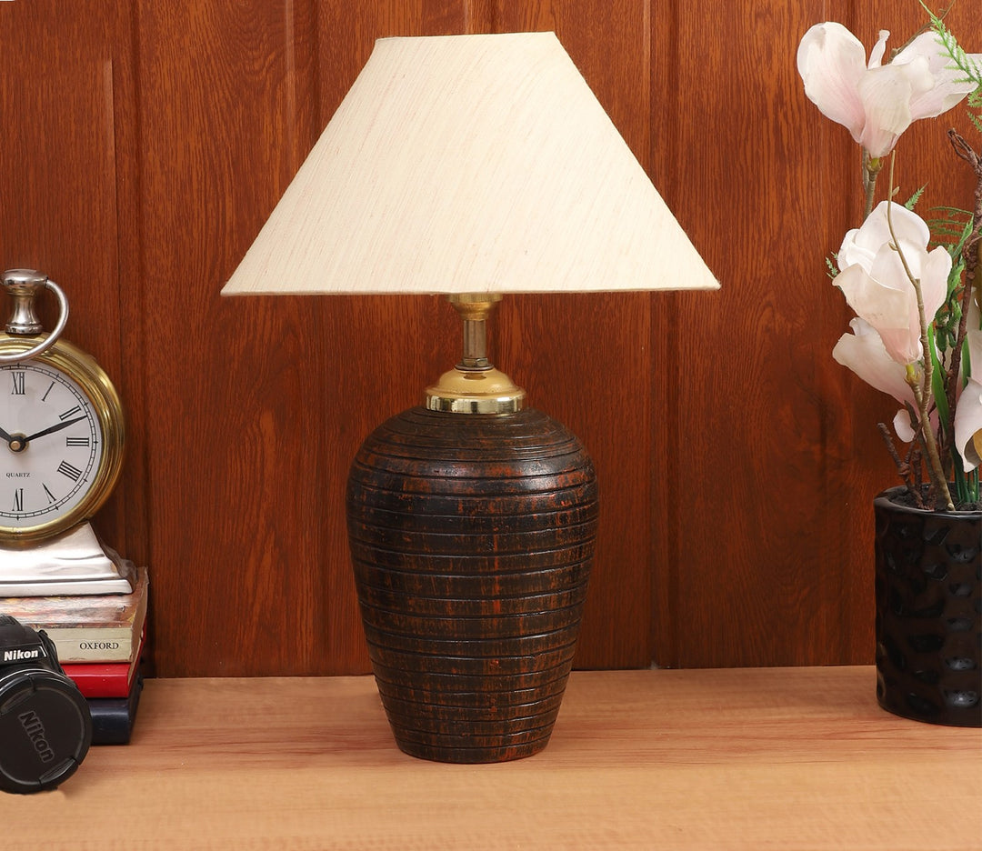 Terracotta Brown Table Lamp with Beige Fabric Shade