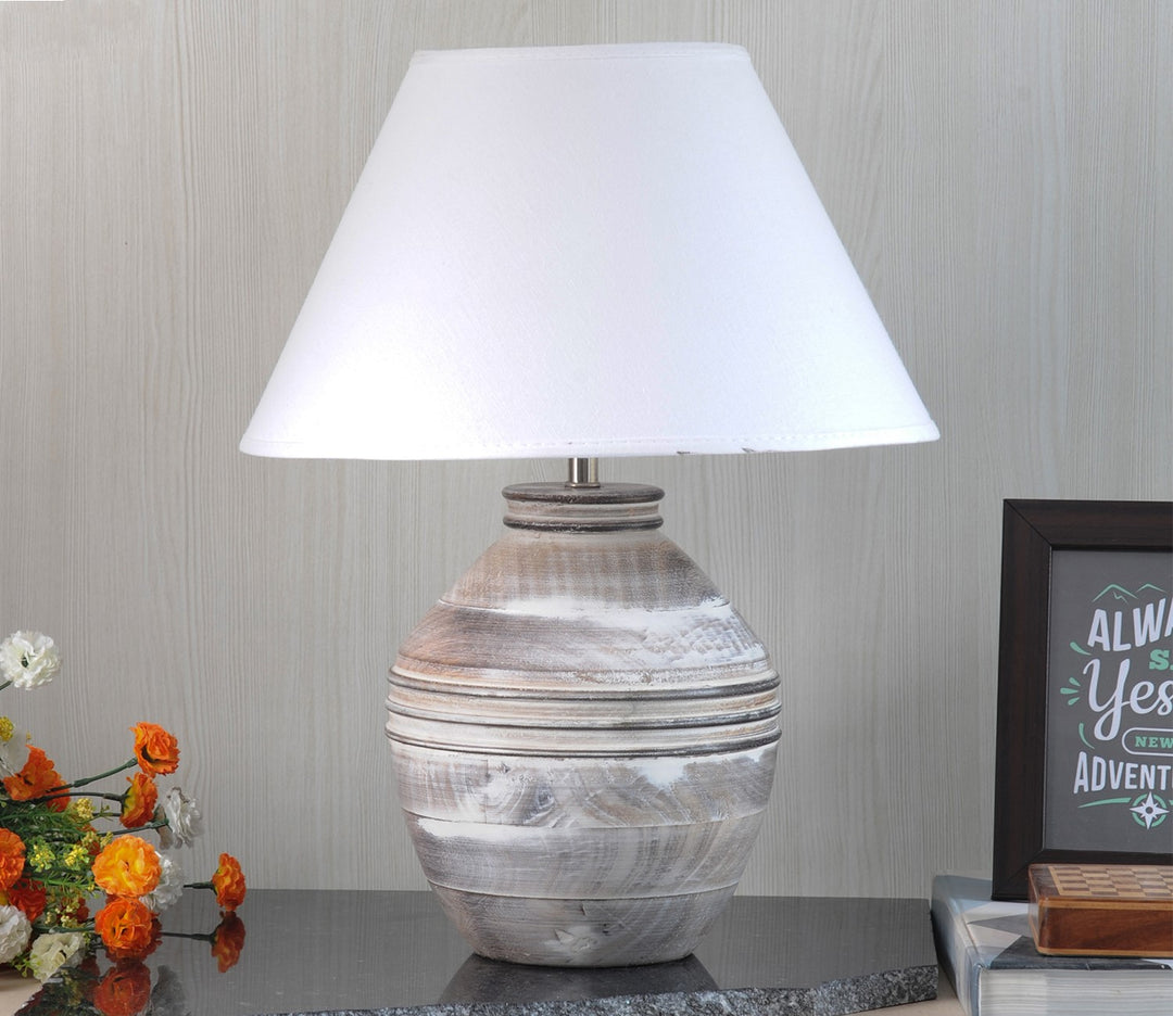 White Carved Wood Table Lamp with Cotton Shade (Medium)