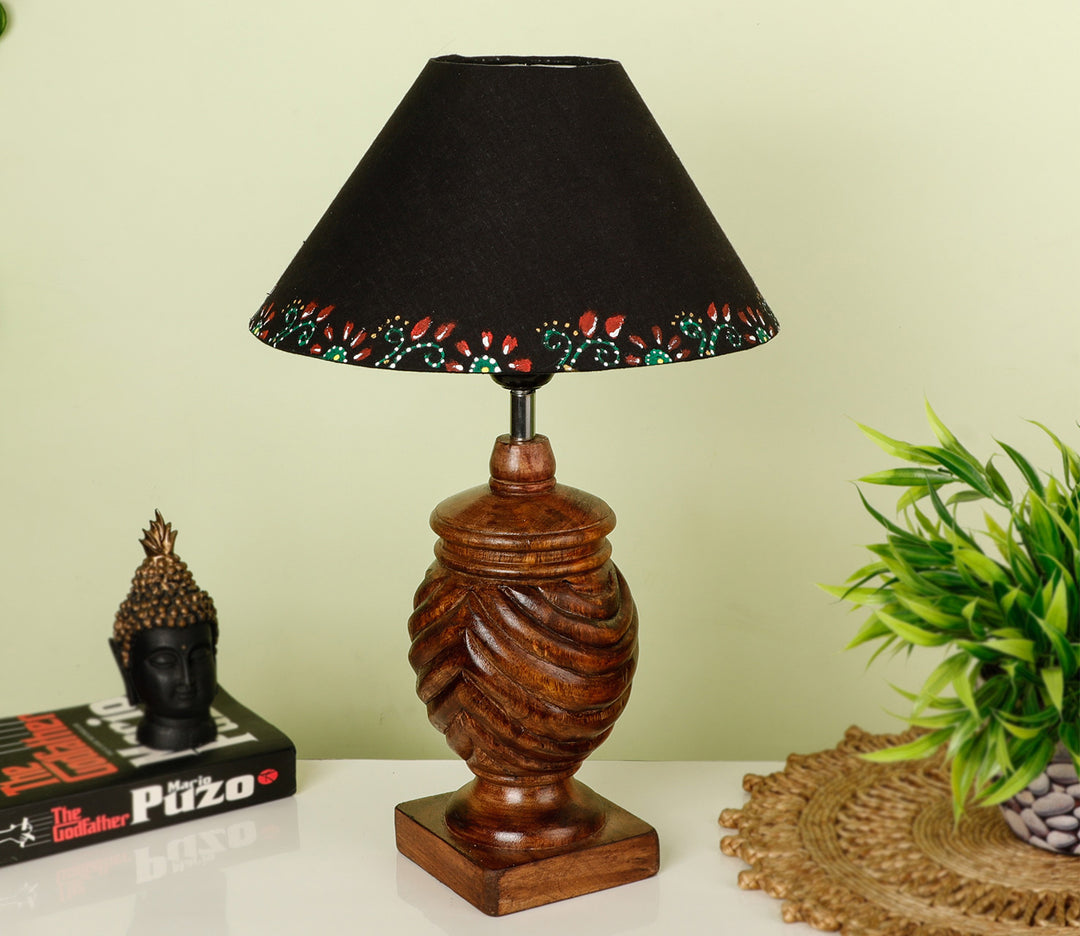 Hand-Carved Wood Table Lamp with Rings & Black Bordered Shade (Medium)