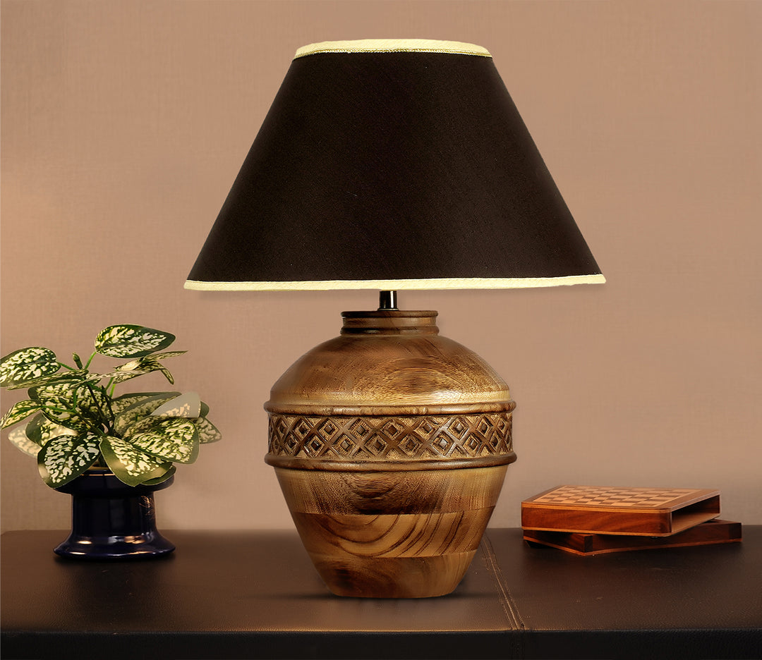 Wood Table Lamp with Black Shade