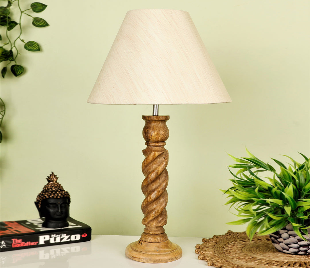 Hand-Carved Sheesham Wood Table Lamp with Textured Rope Base & Beige Shade (Large)