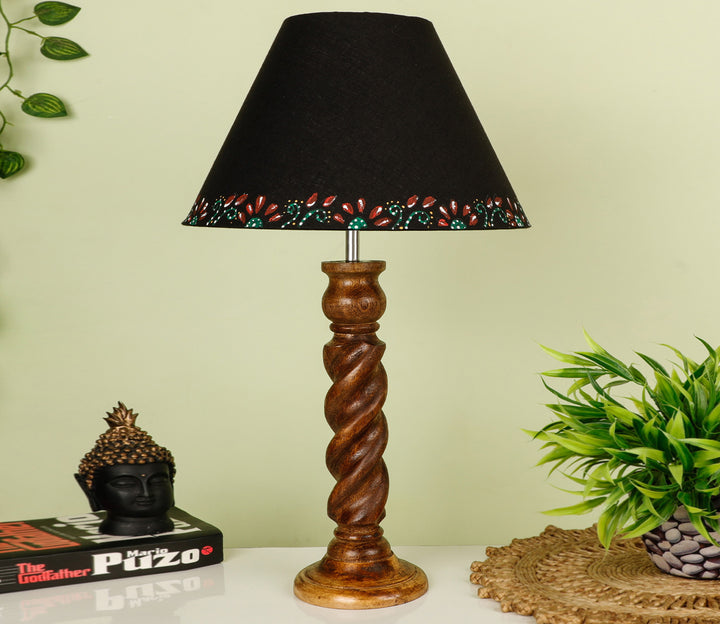 Hand-Carved Coffee Wood Table Lamp with Rope Detail & Black Bordered Shade (Large)