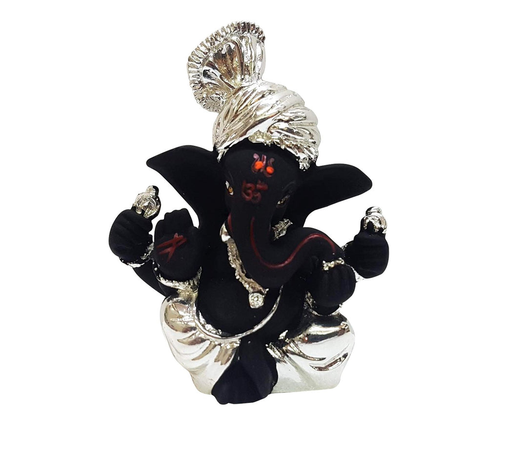 Captivating Mini Ganesha Idol in Silver and Black with Pagdi
