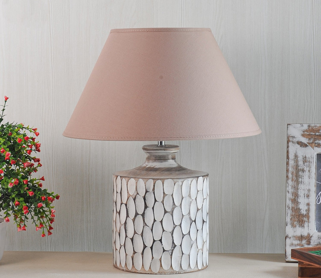 Beige Shade Carved Wood Table Lamp