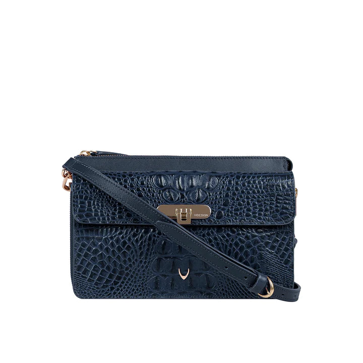 Blue Leather Sling Bag | Versatile Mn Blue Shiny Baby Croco Sling Bag