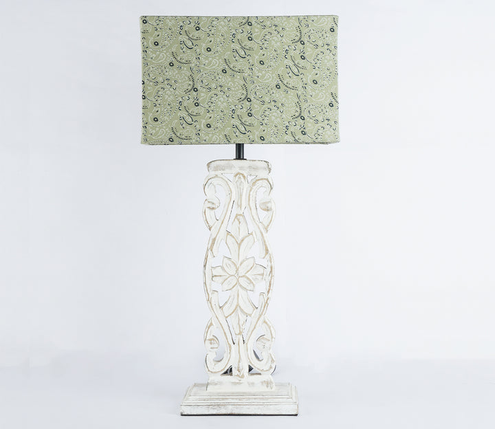 Green Floral Carved Wood Table Lamp with Shade (Large)