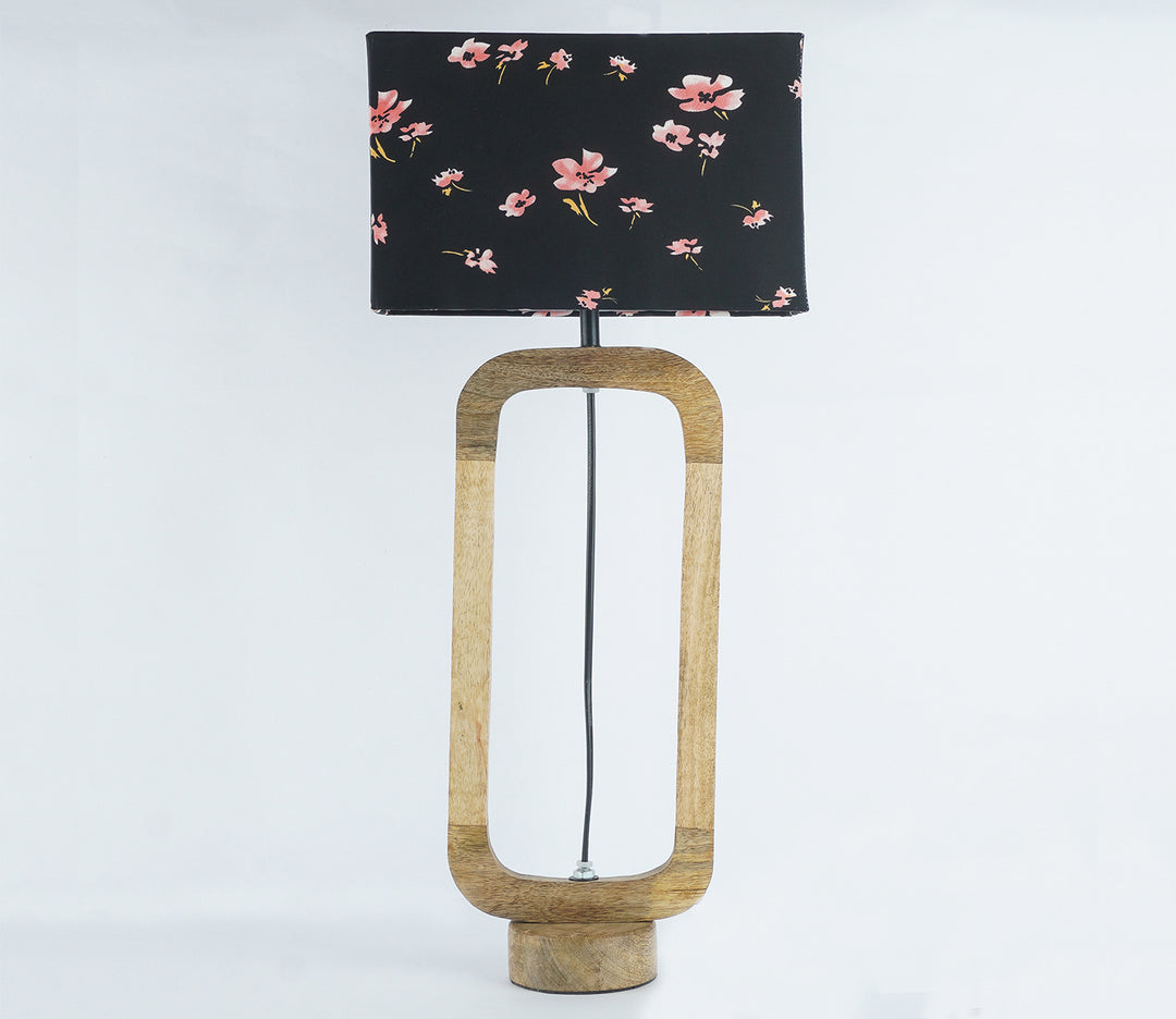 Floral Black Shade Wooden Cylindrical Table Lamp