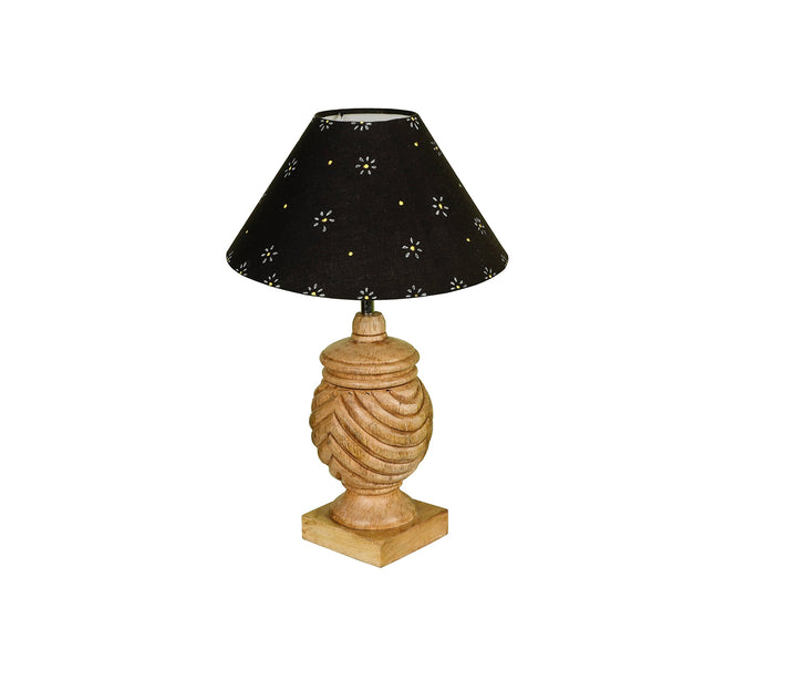 Hand-Carved Sheesham Wood Table Lamp with Ring Detail & Floral Black Shade (Medium)