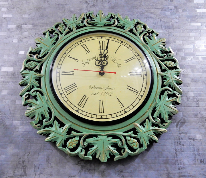 Elegant Mint Green Grapevine Carving Wall Clock