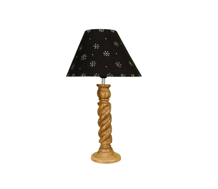 Hand-Carved Sheesham Wood Table Lamp with Textured Rope Base & Floral Black Shade (Large)