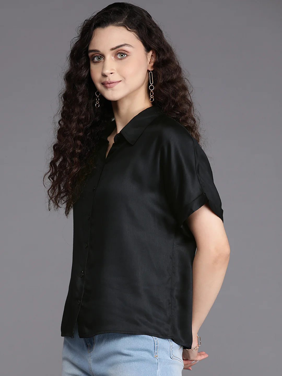 Black Button-Down Shirt for Women | Black Satin Chic Button-Down Shirt